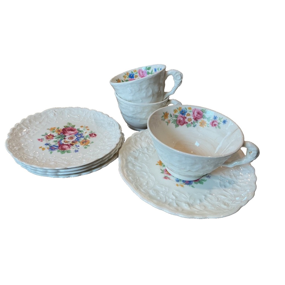 Pope-Gosser Embossed Floral Rose Point Plates/Cups Set U.S.A. Vintage China